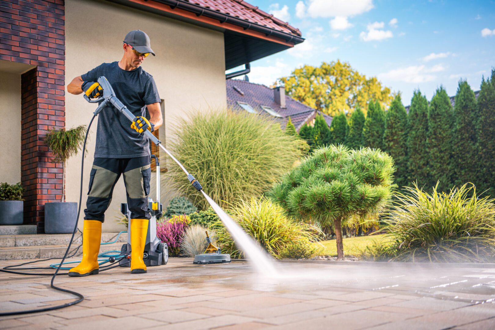 Person power washing an outdoor patio area on a sunny day.
