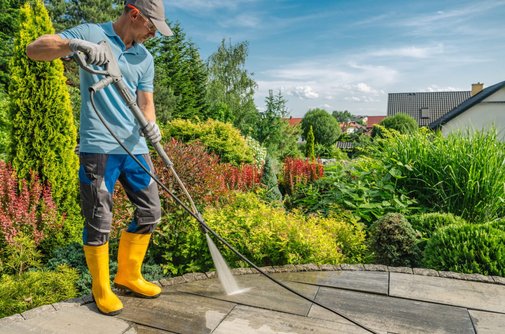 Person pressure washing a patio surrounded by greenery on a sunny day.