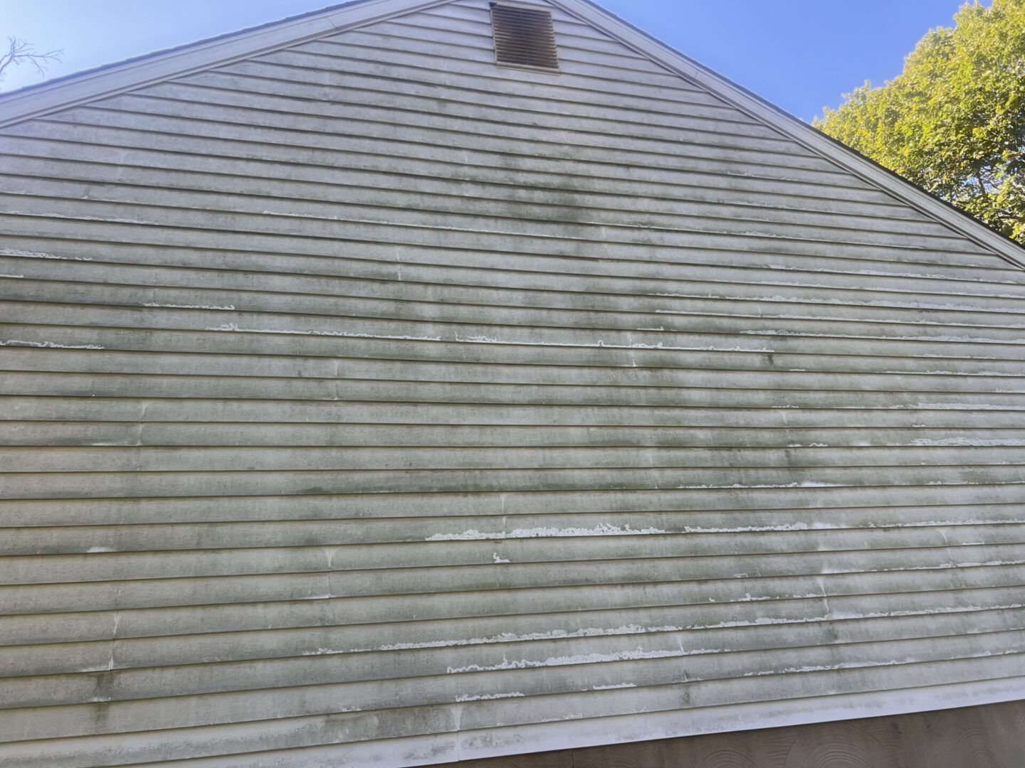 Dirty siding on a house with green algae or mold buildup.