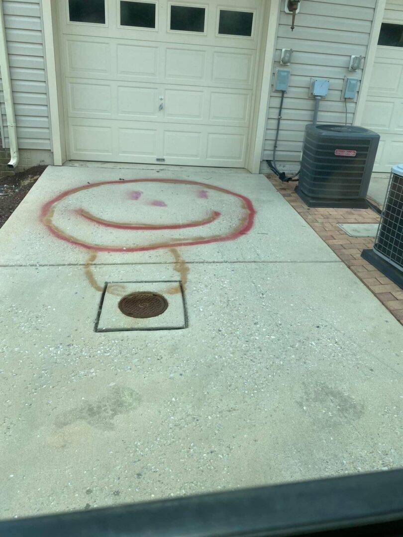 Smiley face spray-painted on driveway near garage door.